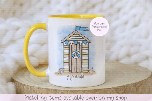 Beach hut personalised mug - seaside custom mug - camping by the beach - gift for her or him