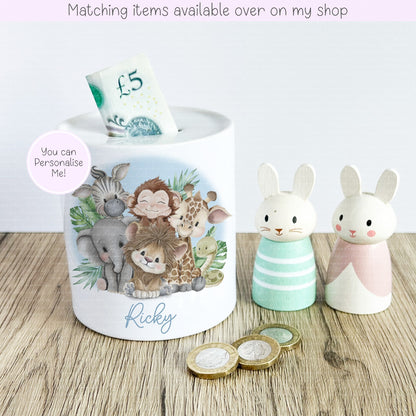 Jungle Friends Alphabet Ceramic Personalised Money Box - fully customised- kids savings piggy bank Giraffe - Elephant - Monkey - Zebra - Lion