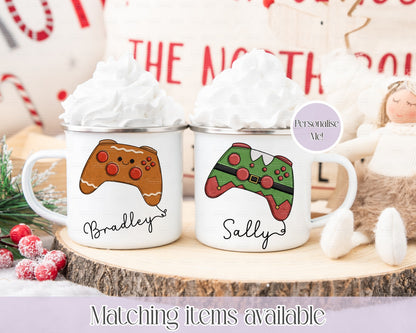 Personalised Christmas Themed Gamer Controller Mug– Enamel or Ceramic | Custom Name | Christmas Hot Chocolate Mug