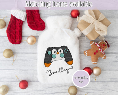 Personalised Christmas Game Controller Fluffy Hot Water Bottle with Faux Fur Cover – 2L Hot Water Bottle in Gift Box, Winter Warmer, Christmas Gift