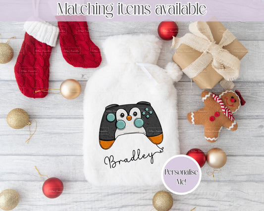 Personalised Christmas Game Controller Fluffy Hot Water Bottle with Faux Fur Cover – 2L Hot Water Bottle in Gift Box, Winter Warmer, Christmas Gift
