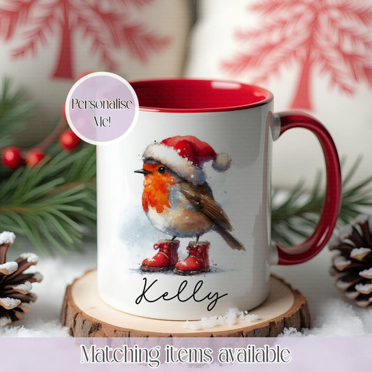 Personalised Robin or Blue tit christmas mug - Robin in christmas hat - stocking filler