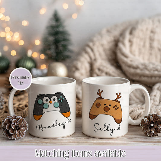 Personalised Christmas Themed Gamer Controller Mug– Enamel or Ceramic | Custom Name | Christmas Hot Chocolate Mug