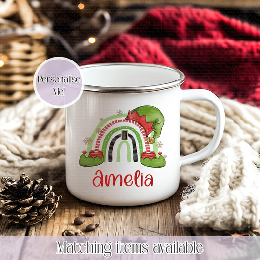 Personalised Christmas Elf Rainbow Mug – Enamel or Ceramic | Custom Name | Christmas Hot Chocolate Mug