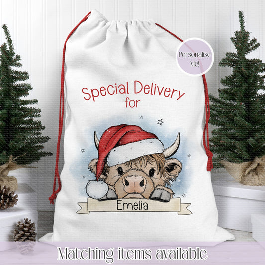 Cute Christmas Higland Cow personalised Santa sack - Christmas Sack - 70 x 50 cm - custom name