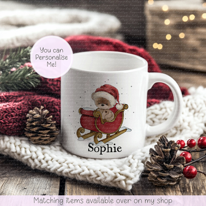 Personalised Teddy Bear Christmas Sleigh Mug – Enamel or Ceramic | Custom Name | Christmas Hot Chocolate Mug