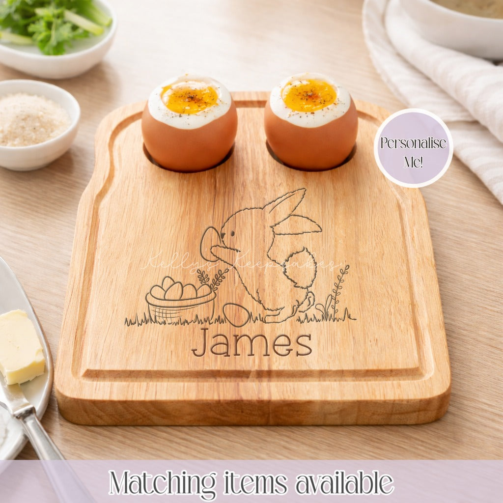 Personalised Wooden Easter Bunny Egg Board - Custom Name Bunny Design - egg and soldiers