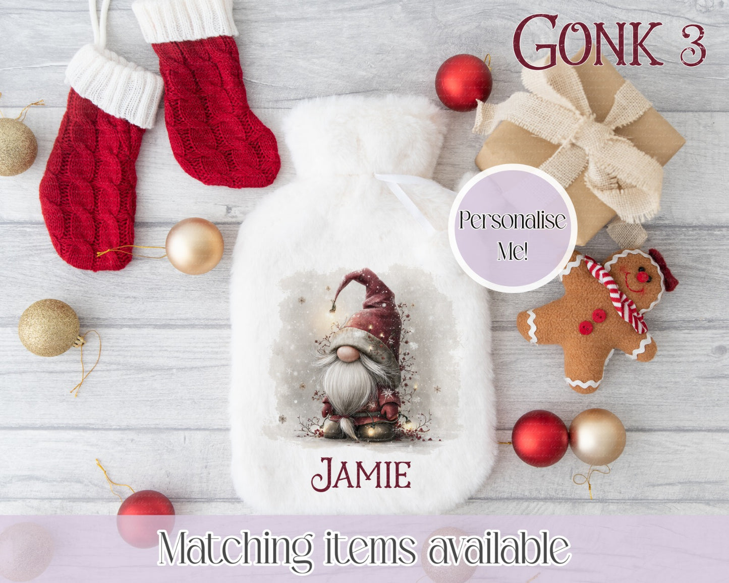 Personalised Cute Gonk Fluffy Hot Water Bottle with Faux Fur Cover – 2L Hot Water Bottle in Gift Box, Winter Warmer, Christmas Gift