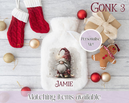 Personalised Cute Gonk Fluffy Hot Water Bottle with Faux Fur Cover – 2L Hot Water Bottle in Gift Box, Winter Warmer, Christmas Gift