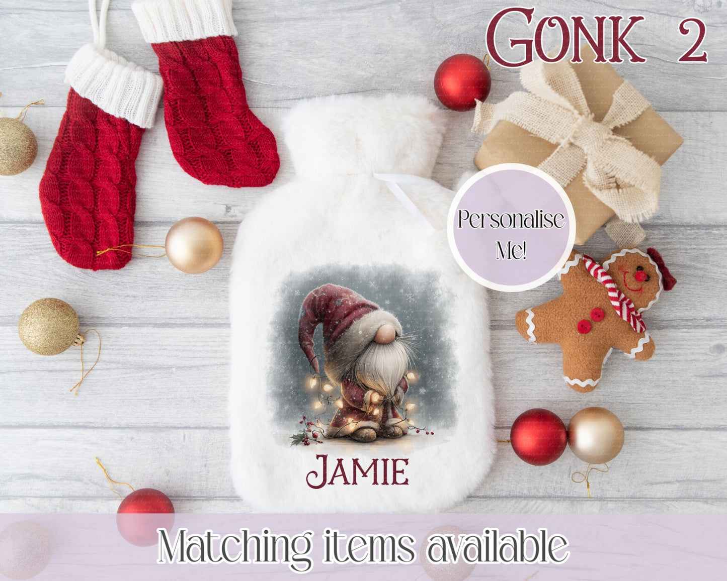 Personalised Cute Gonk Fluffy Hot Water Bottle with Faux Fur Cover – 2L Hot Water Bottle in Gift Box, Winter Warmer, Christmas Gift