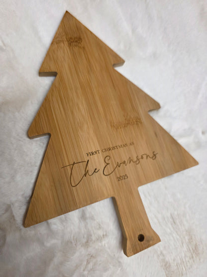 Christmas Tree Personalised Wooden Cheeseboard - first christmas married fully customised