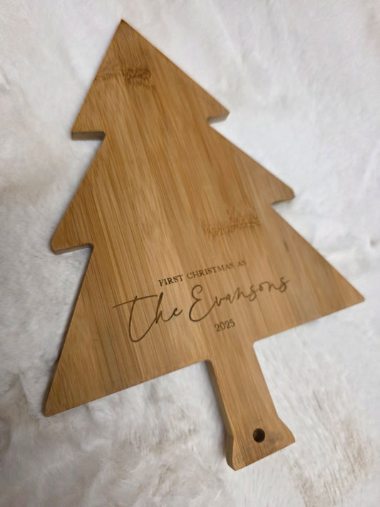 Christmas Tree Personalised Wooden Cheeseboard - first christmas married fully customised