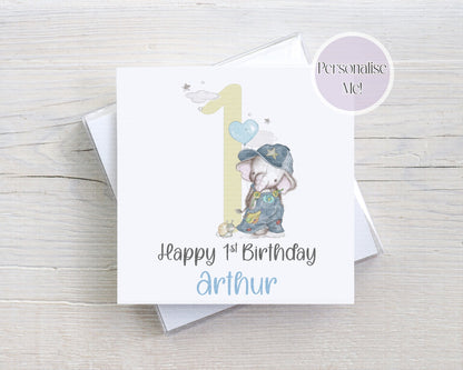 Elephant Bug Boy Age Personalised Birthday Card - kids card - custom number birthday card