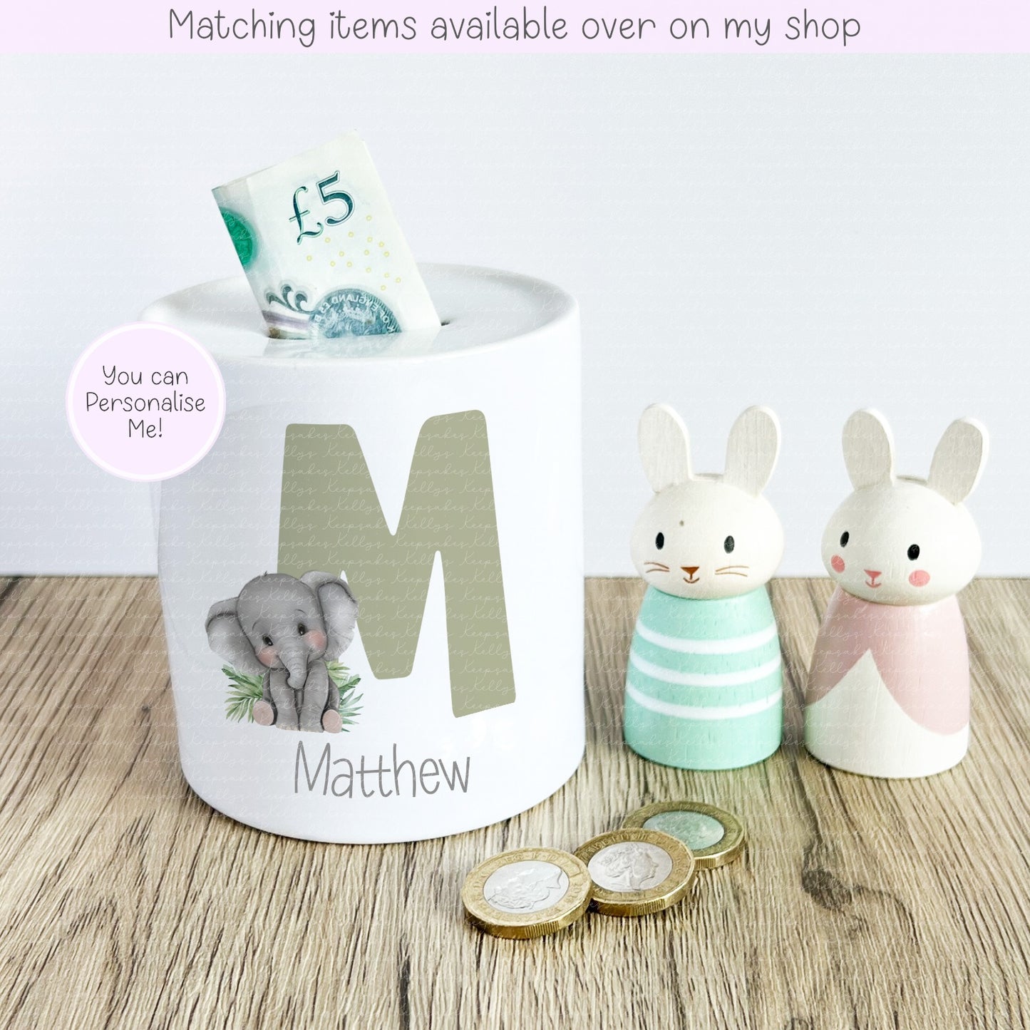 Jungle Animal Alphabet Ceramic Personalised Money Box - fully customised- kids savings piggy bank Giraffe - Elephant - Monkey - Zebra - Lion