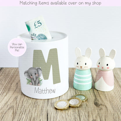 Jungle Animal Alphabet Ceramic Personalised Money Box - fully customised- kids savings piggy bank Giraffe - Elephant - Monkey - Zebra - Lion