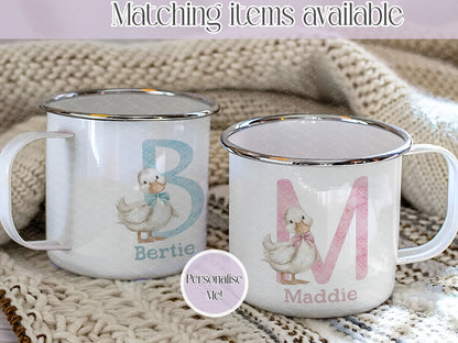 Cute hand drawn goose  initial design personalised mug - ceramic or Enamel mug - custom goose or duck mug