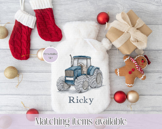 Personalised Hand-drawn Snowy Tractor Fluffy Hot Water Bottle with Faux Fur Cover – 2L Hot Water Bottle in Gift Box, Winter Warmer, Christmas Gift