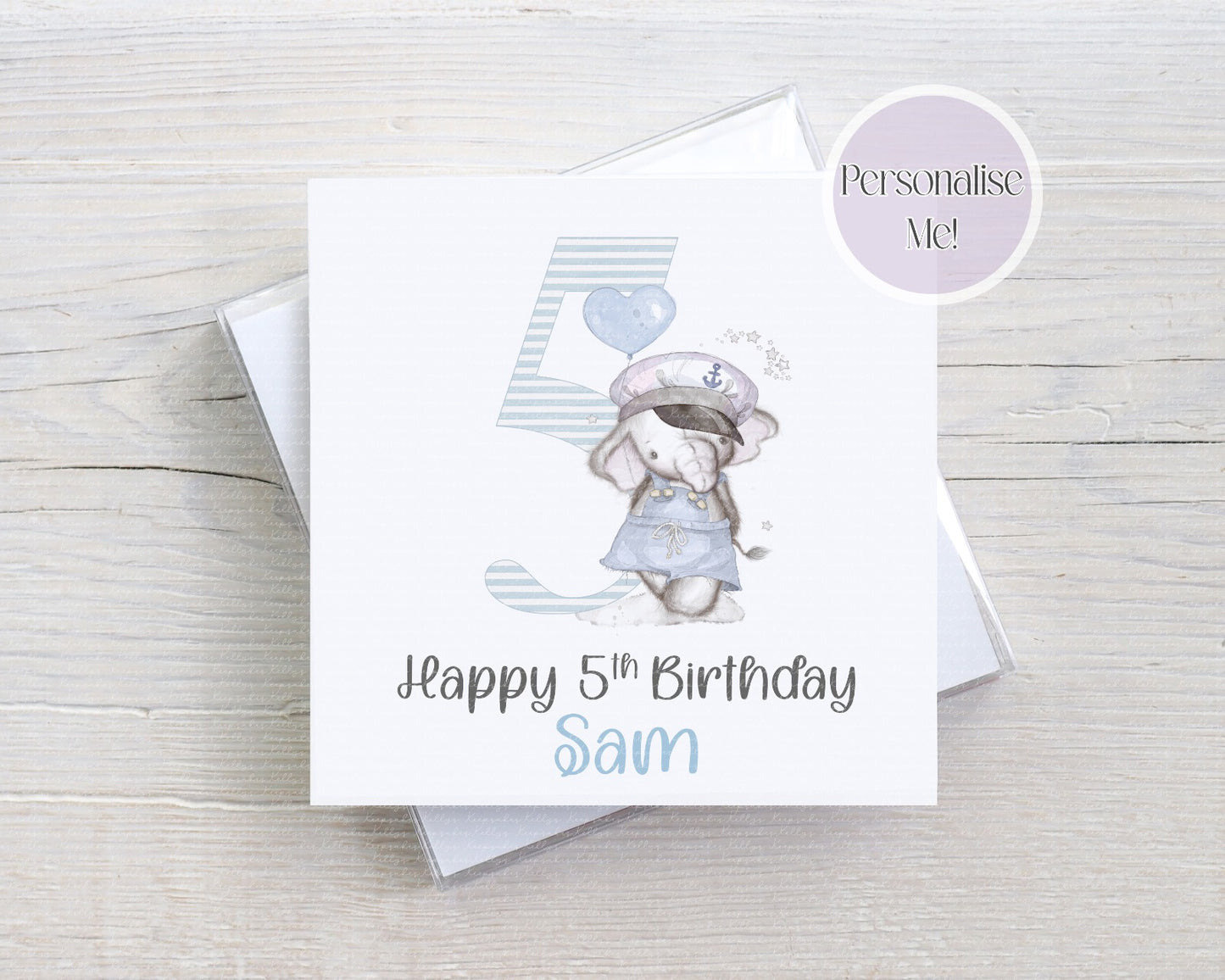Elephant Sailor Age Personalised Birthday Card - kids card - custom number birthday card