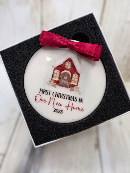 First Christmas in New Home 2025 - Santas workshop, ceramic Christmas decoration for them. Personalised bauble