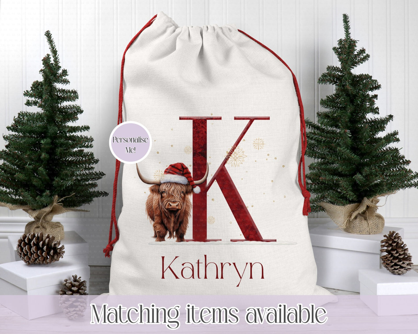 Christmas Higland Cow personalised initial Santa sack - Christmas Sack - 70 x 50 cm - custom name