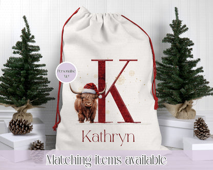 Christmas Higland Cow personalised initial Santa sack - Christmas Sack - 70 x 50 cm - custom name