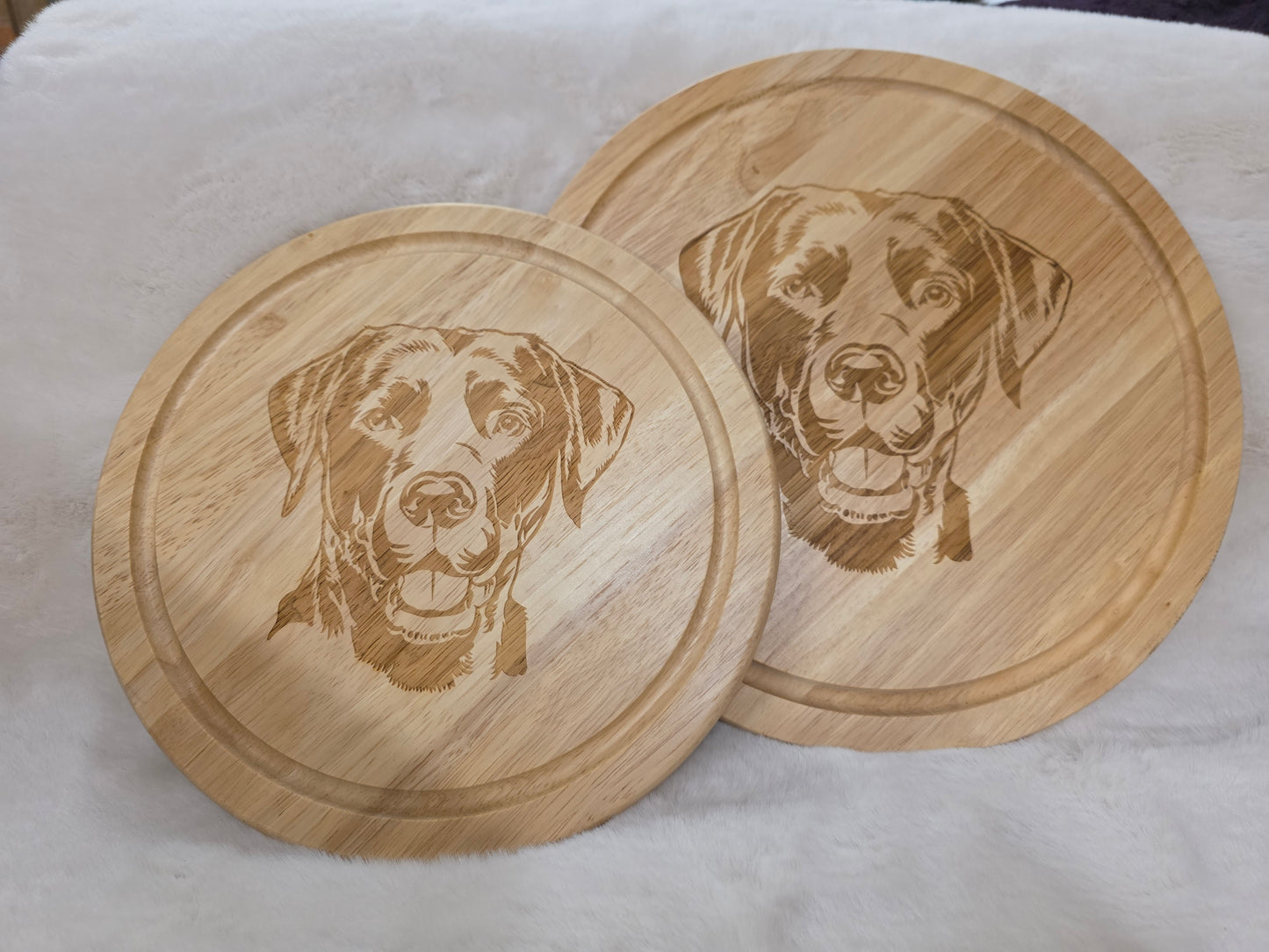 Engraved Dog round wooden chopping boards