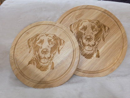 Engraved Dog round wooden chopping boards