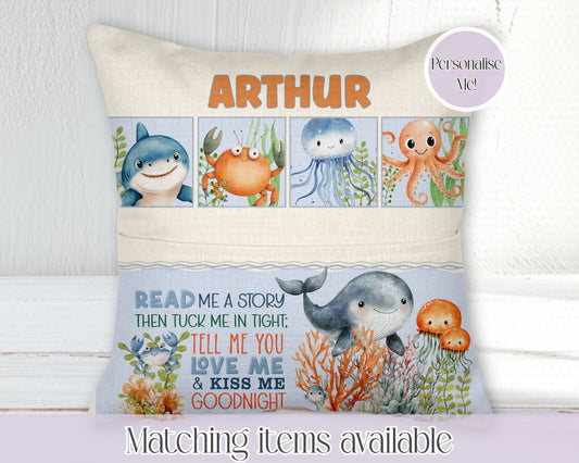 Under the sea book pocket cushion - young reader - personalised cushion - 2 options