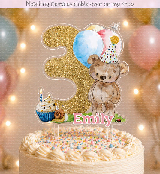 Personalised Birthday Bear age cake topper - acrylic printed teddy bears picnic cake topper - custom cake decoration