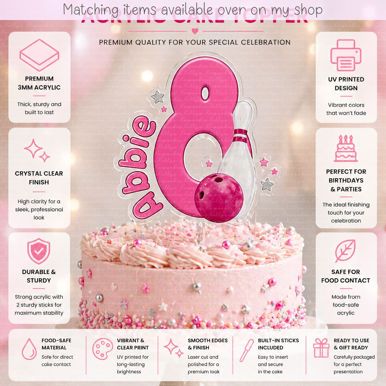 Personalised Bowling Birthday Party age cake topper - acrylic printed bowling pin number  cake topper - custom cake decoration