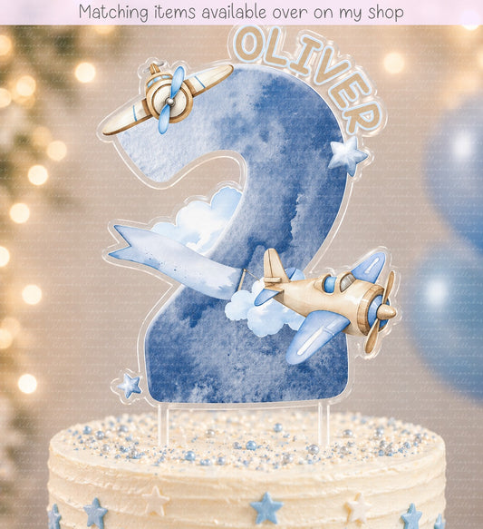 Personalised Birthday Plane Number cake topper - acrylic printed airplane cake topper - custom cake decoration