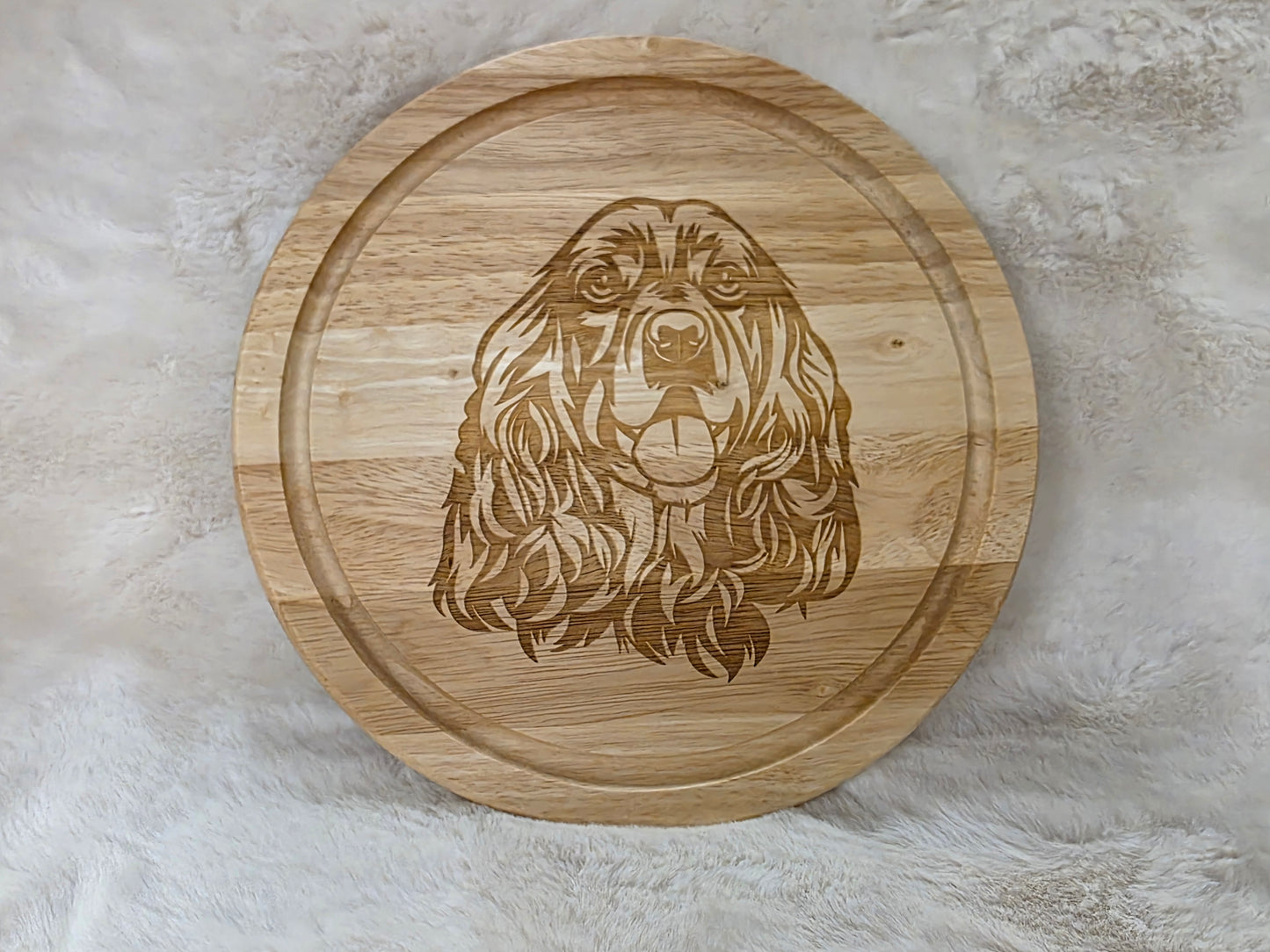 Engraved Dog round wooden chopping boards