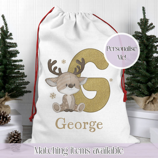Christmas Reindeer Inital Fairy Lights Santa Sack - Christmas Sack - 70 x 50 cm - custom name