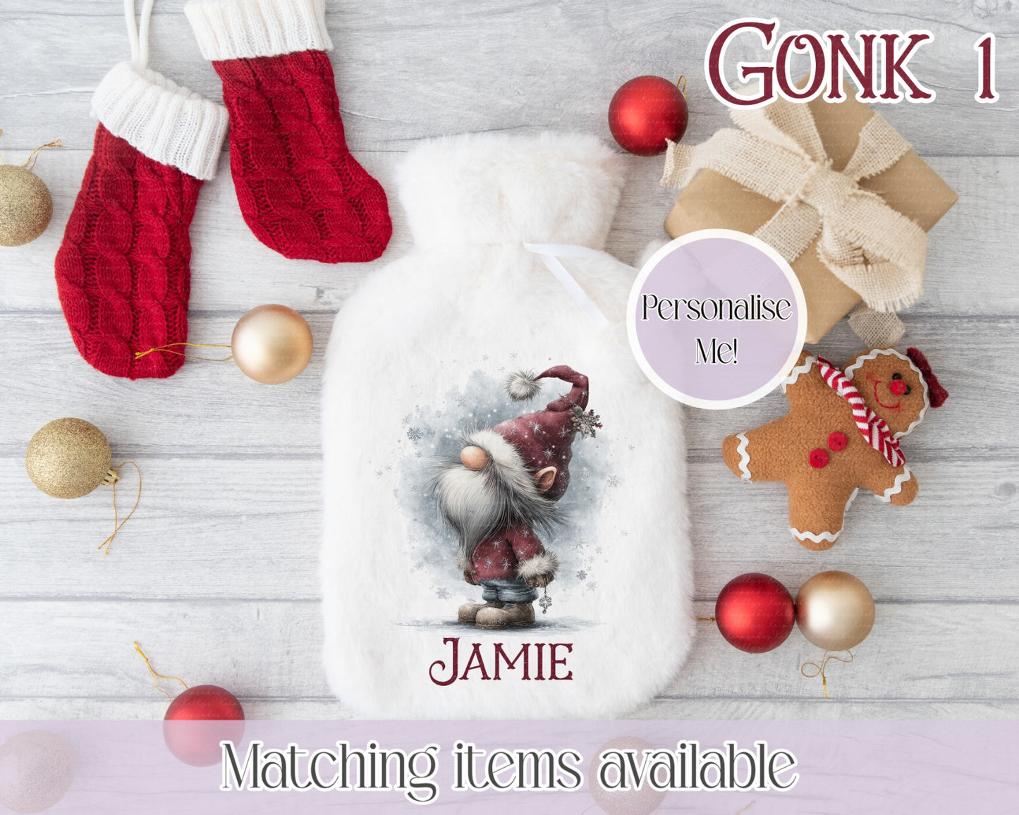 Personalised Cute Gonk Fluffy Hot Water Bottle with Faux Fur Cover – 2L Hot Water Bottle in Gift Box, Winter Warmer, Christmas Gift