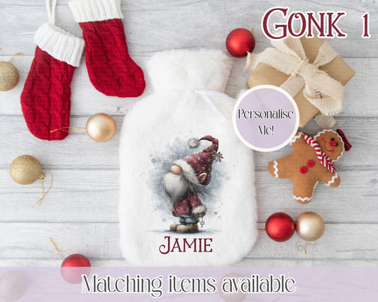 Personalised Cute Gonk Fluffy Hot Water Bottle with Faux Fur Cover – 2L Hot Water Bottle in Gift Box, Winter Warmer, Christmas Gift