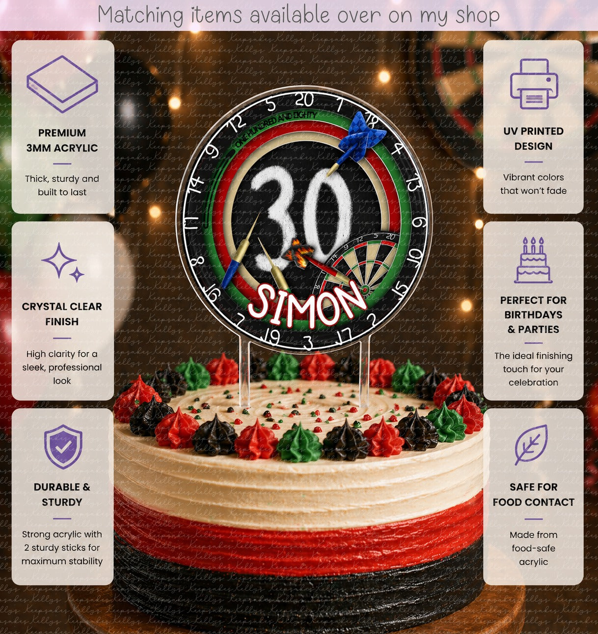 Personalised Birthday Dart Board cake topper - acrylic printed dart cake topper - custom cake decoration