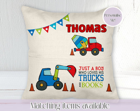 Truck book pocket cushion - young reader - personalised cushion