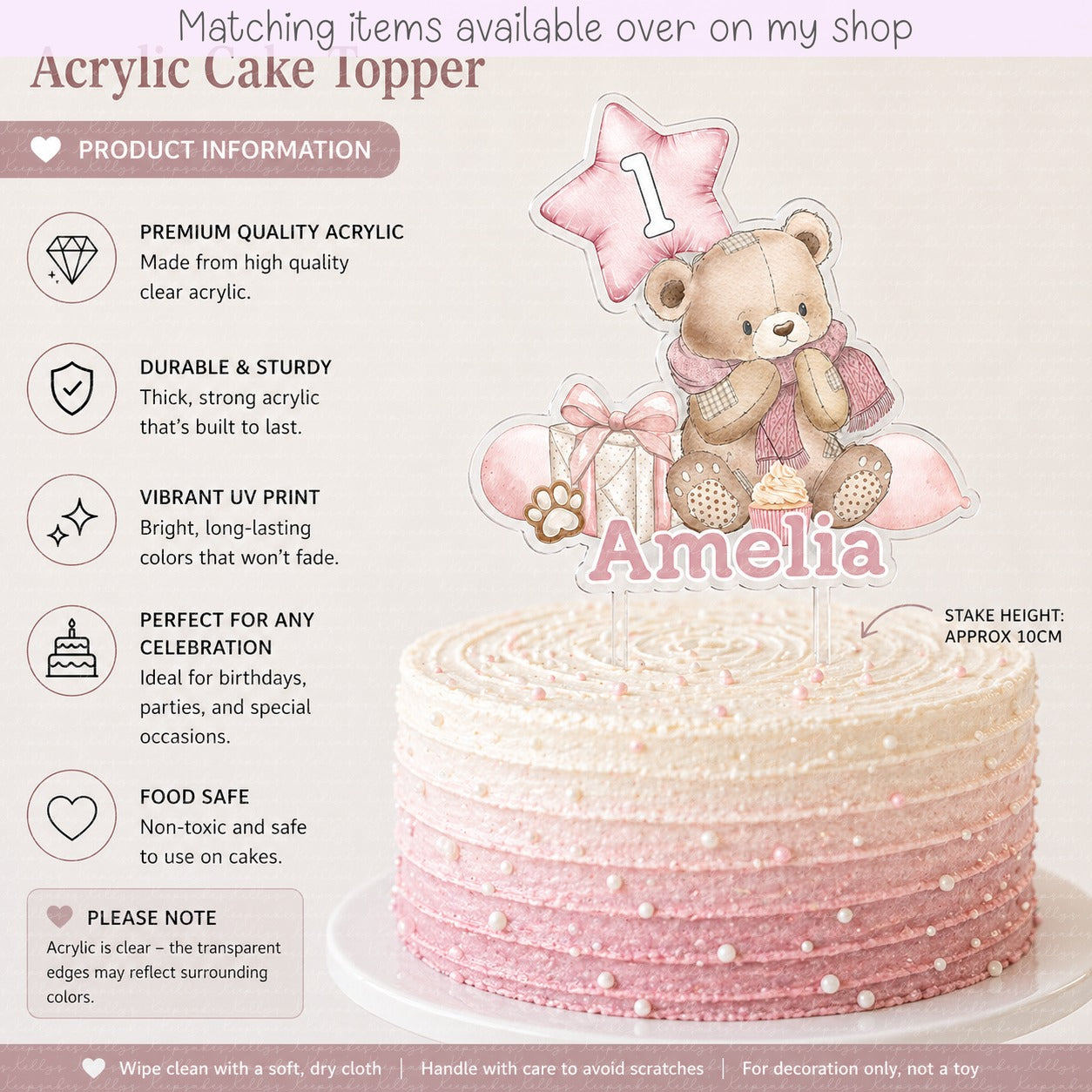 Personalised Birthday Bear Balloon age cake topper - acrylic printed Bear Birthday Party cake topper - custom cake decoration