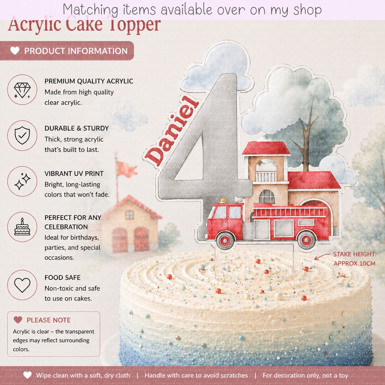 Personalised Birthday Fire Engine Number cake topper - acrylic printed Age Fireman cake topper - custom cake decoration