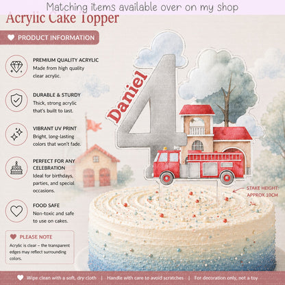 Personalised Birthday Fire Engine Number cake topper - acrylic printed Age Fireman cake topper - custom cake decoration
