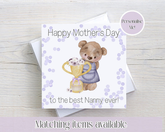 Mother's Day personalised teddy bear floral trophy card - card for her