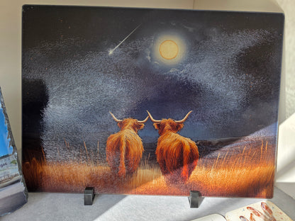 Highland Night sky Cow Glass Chopping Board - Worktop Saver-  Highland cow - Country Kitchen Decor