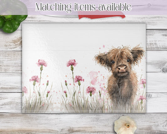 Floral Highland Cow Glass Chopping Board - Kitchen Counter Saver - Work Top Saver - Farm Animals - Kitchen Decor  - New Home Gift