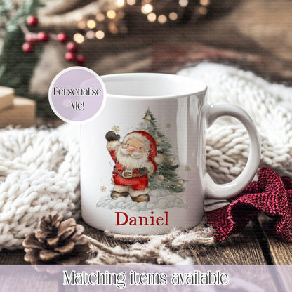 Personalised Cute Santa Illustration Mug – Enamel or Ceramic | Custom Name | Christmas Hot Chocolate Mug