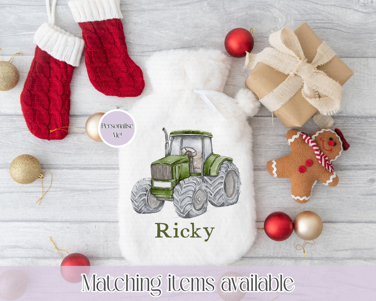 Personalised Hand-drawn Snowy Tractor Fluffy Hot Water Bottle with Faux Fur Cover – 2L Hot Water Bottle in Gift Box, Winter Warmer, Christmas Gift
