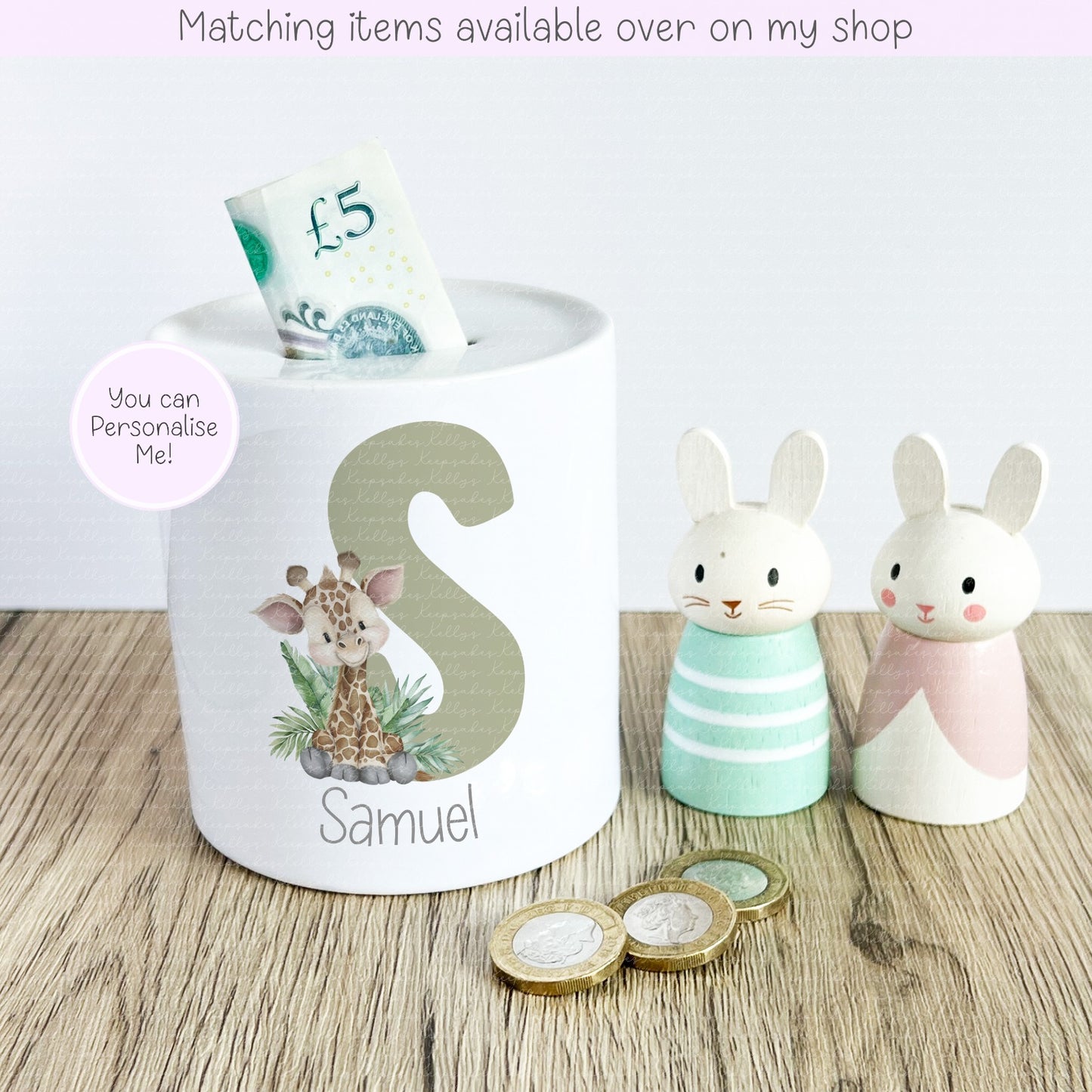 Jungle Animal Alphabet Ceramic Personalised Money Box - fully customised- kids savings piggy bank Giraffe - Elephant - Monkey - Zebra - Lion
