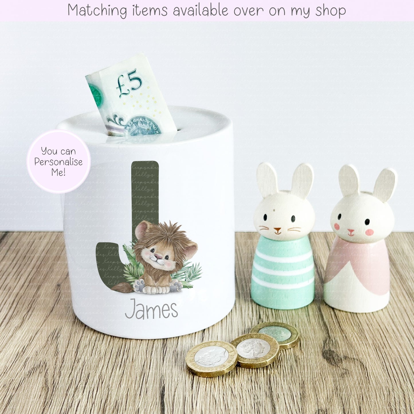 Jungle Animal Alphabet Ceramic Personalised Money Box - fully customised- kids savings piggy bank Giraffe - Elephant - Monkey - Zebra - Lion