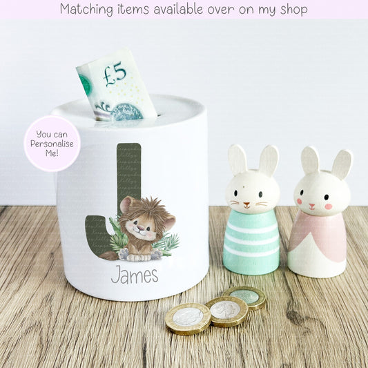 Jungle Animal Alphabet Ceramic Personalised Money Box - fully customised- kids savings piggy bank Giraffe - Elephant - Monkey - Zebra - Lion