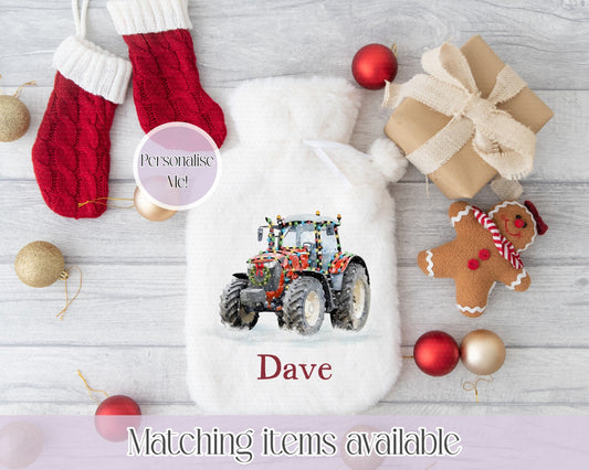 Personalised Christmas Tractor Fluffy Hot Water Bottle with Faux Fur Cover – 2L Hot Water Bottle in Gift Box, Winter Warmer, Christmas Gift