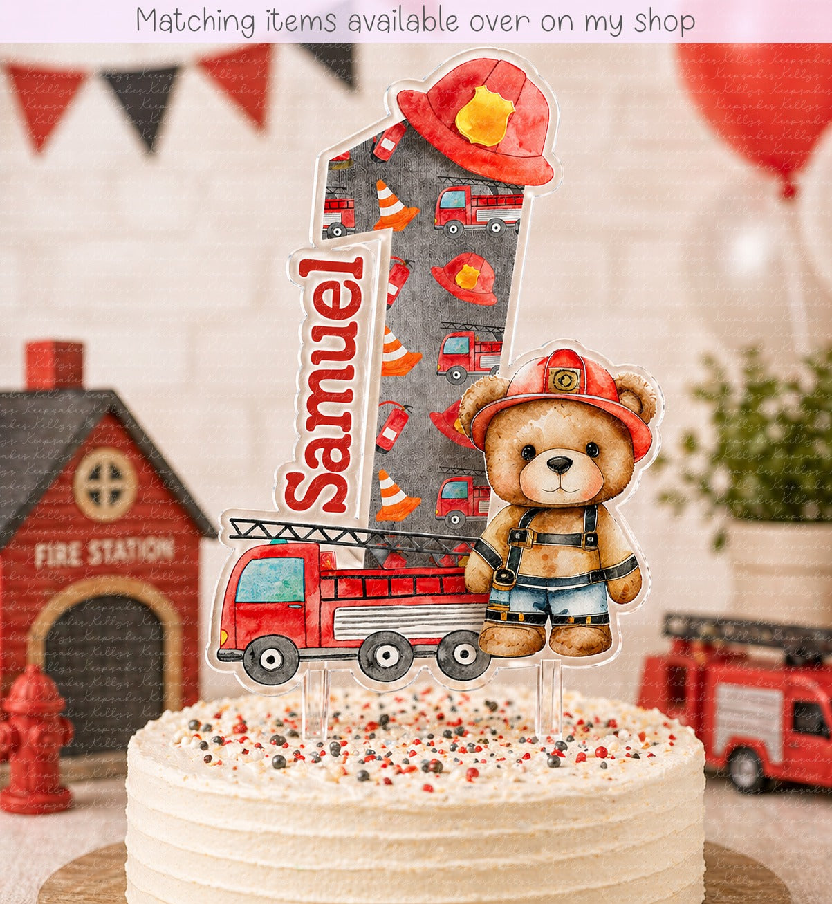 Personalised Birthday Fire Fighter Teddy Number cake topper - acrylic printed Age Fireman cake topper - custom cake decoration